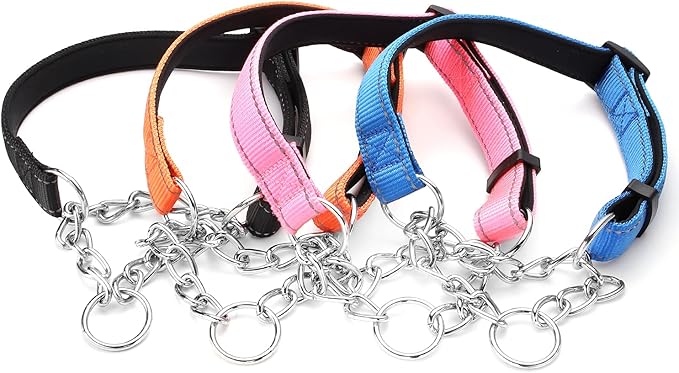 Martingale Dog Collars Adjustable Soft Nylon Reflective Collars with Stainless Steel Chain Walking Training Collars Heavy-Duty Puppy Chain Collars for Small,Medium,Large Dogs(Orange,L)