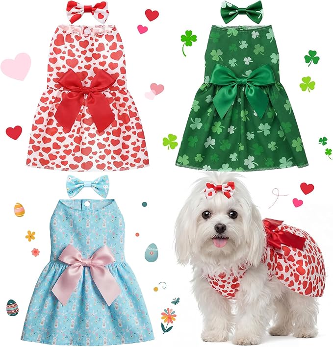 Abbylike 3 Set Easter Dog Dress Small Dog St. Patrick Valentines Day Cute Bunny Shamrock Heart Poodle Skirt with Bow Clip for Pet Holiday Party Outfits(L)