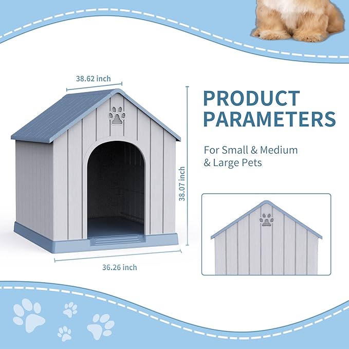 Large Dog House Outdoor Weatherproof，Waterproof Resin Outside Dog House with Elevated Floor and Air Vents, Durable Doghouse for Samll Medium Large Dogs (Light Blue, 38.62"L×36.26"W×38.07"H)