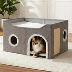 Eolahalcy Cat Beds for Indoor Cats - Large Cat Cave for Pet Cat House with Fluffy Ball Hanging and Scratch Pad, Foldable Cat Hideaway, 23.8x15.9x13.2 inches, Grey