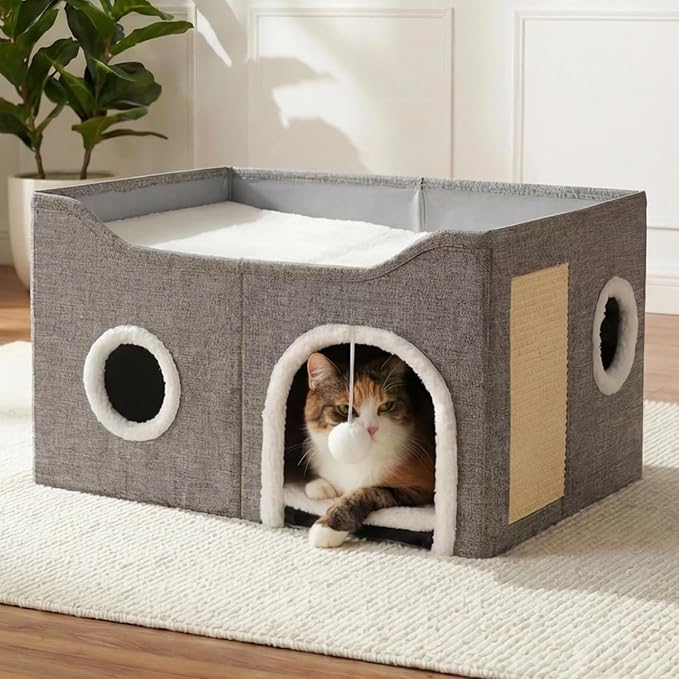 Eolahalcy Cat Beds for Indoor Cats - Large Cat Cave for Pet Cat House with Fluffy Ball Hanging and Scratch Pad, Foldable Cat Hideaway, 23.8x15.9x13.2 inches, Grey