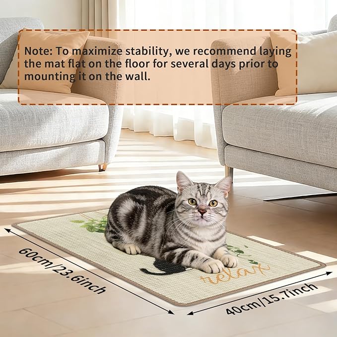 Sisal Cat Scratcher Mat Cat Wall Scratcher for Indoor Scratch Pad Wall Mounted Scratching Post to Protect Couch Carpet Furniture 23.6"x15.7" (Green Plant Cat)