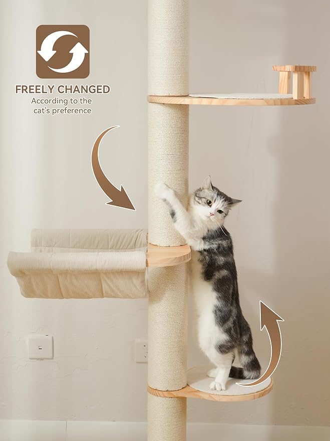 Floor to Ceiling Cat Tree, 5-Tier Adjustable Height(7.3-10.5ft) Solid Wood Climbing Tower with Sisal Scratching Posts, Transparent Capsule and Cozy Hammock
