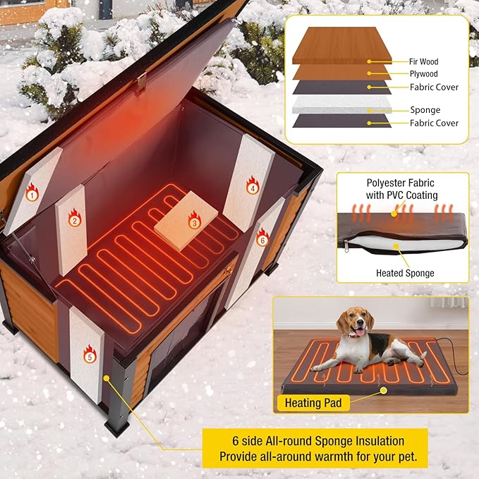 Aivituvin Dog House Outdoor Heated Dog Kennel with Insulated Liner & Heater for Winter Strong Iron Frame Large Dog Cage for Small & Medium Dogs,33.5"