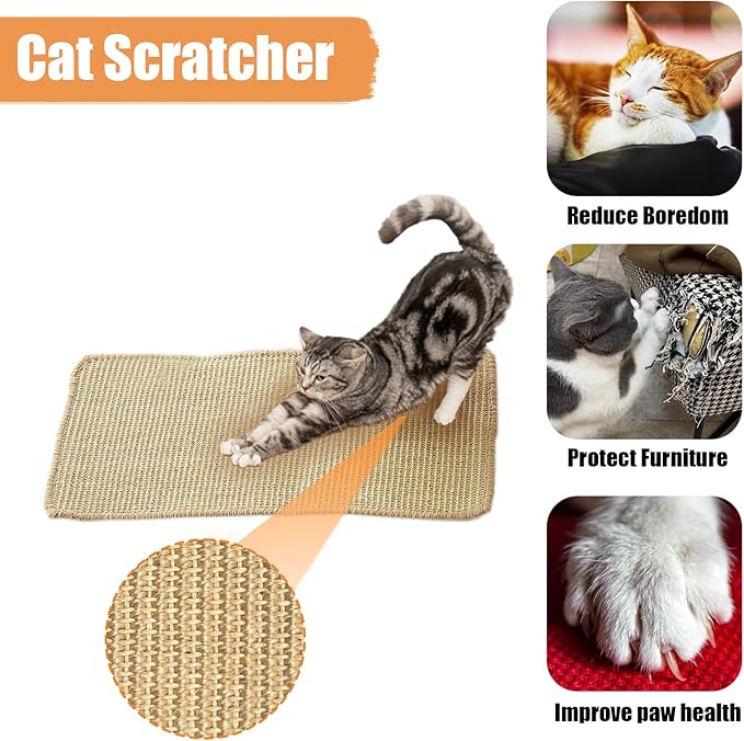 Cat Scratcher Mat Natural Sisal Fabric Cat Scratching Pad Couch Protector Horizontal Floor Cat Carpet Easy Use for Indoor Cats, Beige 1, 12" x 24"