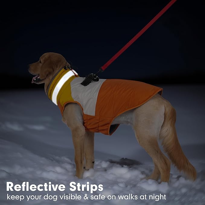 azuza Dog Coats for Large Dogs Waterproof Dog Coat with Reflective Strips and Harness Built in Warm Fleece Dogs Winter Coat Windproof with Back Zipper, Orange 3XL