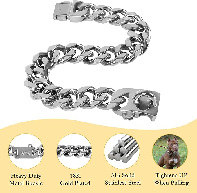 BAOBOTE 23MM Silver Dog Collar,Dog Chain Collars with Cuban Link Dog Collar,Heavy Duty Training Collar Chew Proof for Medium Dogs(18" Silver)