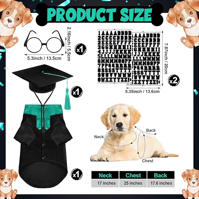 5 Pcs Dog Graduation Costume Set Include 2026 Pet Graduation Gown with Stole Puppy Grad Cap Lensless Glasses DIY Letter Stickers for Dogs Cats Holiday Costume Accessory(Black Green,L)