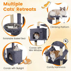 PETSITE 80-inch Tall Modern Cat Tree, Multi-Level Cat Tower with 2 Comfy Condos, Sisal Scratching Posts, Side Basket, Snug Hammock, and Dangling Balls, Ideal for Indoor Cats and Kittens (Dark Grey)