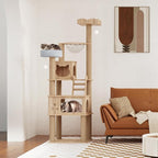 Wood Cat Tree for Indoor Cats, 72" Tall Cat Tower for Large Cat with Scratching Post Condos Perches and Capsule Nest Modern (Beige)