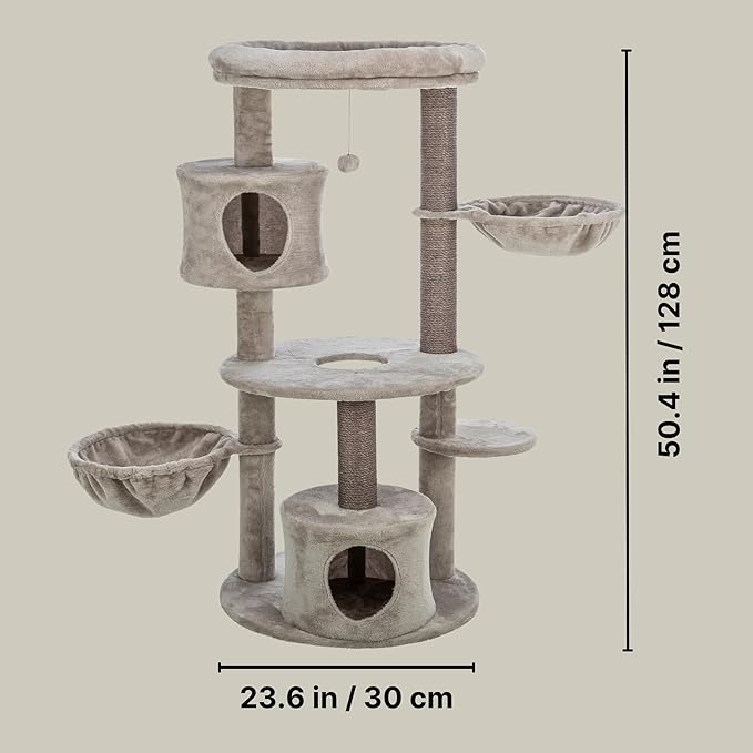 TRIXIE Anna Cat Tree – Cat Tower with Sisal Posts, Dual Hammocks, Caves & Hanging Toy – Indoor Cat Furniture for Scratching & Climbing – Gray, 23.6" x 23.6" x 50.4"