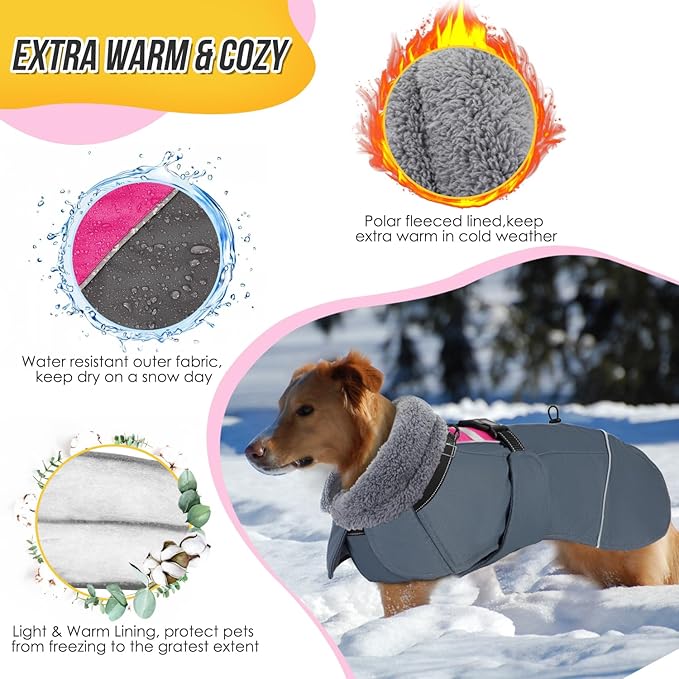 SlowTon Dog Winter Coat, Windproof 3 Layers Thick Warm Fleece Lining Dog Jacket for Cold Weather, Reflective Dogs Apparel with Leash Opening for Medium Large Dogs(Fuchsia,3XL)