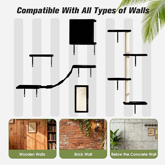 Wall Mounted Cat Furniture Set of 5 With Tree, Perch, Scratcher, Bridge and Condo, Gray (Black)