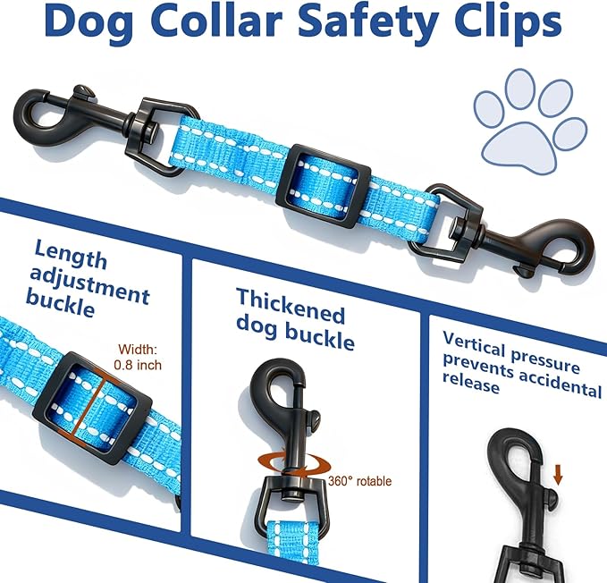 2 Pcs Dog Collar Safety Clips with Double Ended Clasps | Adjustable Collar Backup Clip for Dog Harness & Collars Connectors, Training for Walking, Running, and Hiking, Safety Clip - Blue