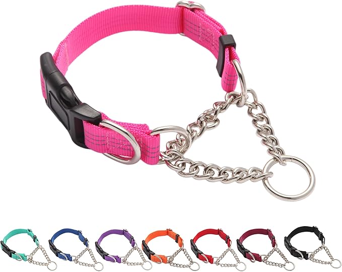 Martingale Dog Collar with Quick Release Buckle Steel Chain No Pull Training Reflective Collar for Medium Large Dogs(Pink, Large)