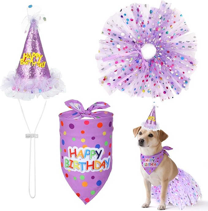 Dog Birthday Hat with Glitter Bandana Dress Set Puppy Birthday Party Supplies Cute Tutu Skirt Costume Outfit for Small Medium Large Dogs Cats Kitten Pet Decorations Purple