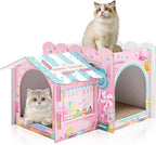 2 Story Cardboard Cat House with Scratcher Pad for Small Kitten,17x12x10 Multi Level Durable Cat Condo & Villa for Bunny Rabbit Small Animals Christmas Birthday Gift(Confectionery)