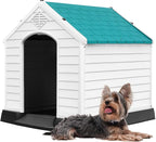 DWVO Plastic Dog House, Weatherproof Outdoor/Indoor Doghouse, Puppy Kennel with Air Vents and Elevated Floor