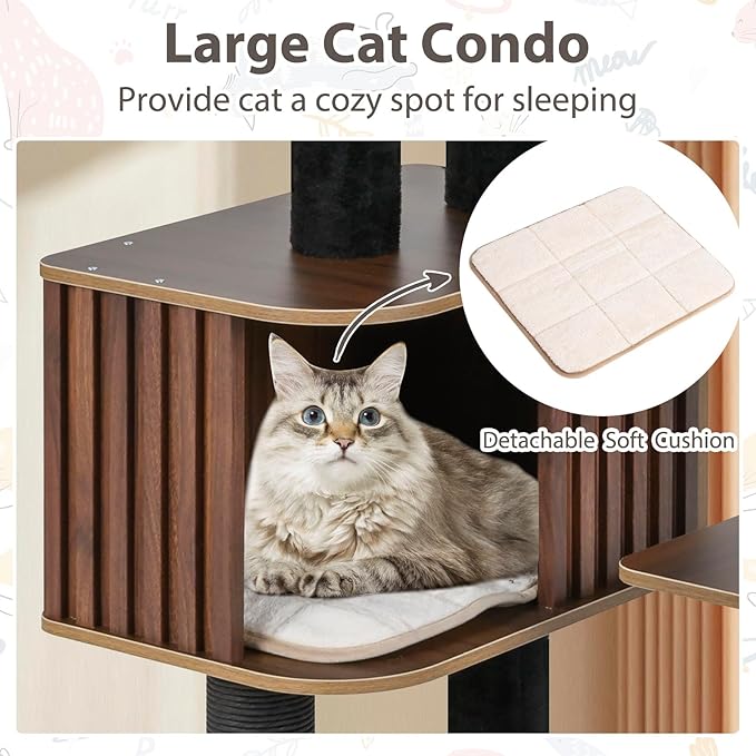 PETSITE 59.5 Inches Modern Cat Tree, Multi-Level Cat Tower with Scratching Posts, Large Condo with Removable Pad, Cushioned Soft Top Perch, and Interactive Dangling Ball (Brown)