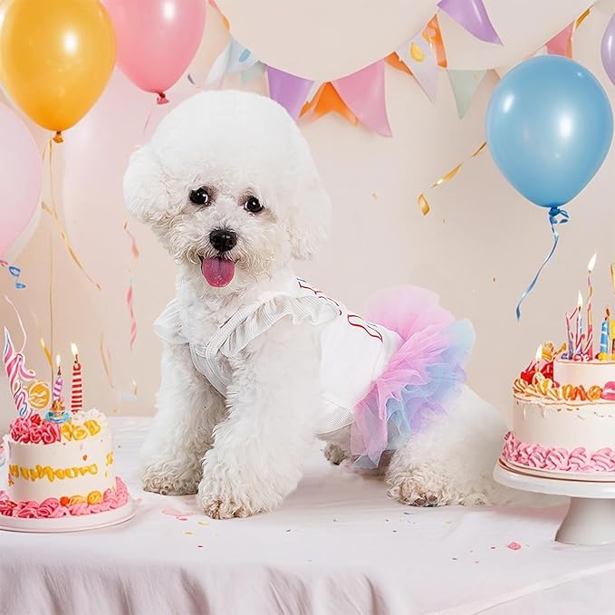 Dog Birthday Dress It's My Birthday Dog Dress Small Doggy Girl's Tutu Dresses Ruffle Sleeless Puppy Clothes Tulle Lace Skirt Pet Costume Cat Outfits (White, XS(4-6.5lb))