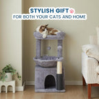 Cat Tree for Indoor Cats, 32 Inch Tall Cat Tower with Hammock, 2 Condos, Plush Perch & Sisal Scratching Posts, Multi-Level Kitten Activity Center for Small Medium Cats, Grey