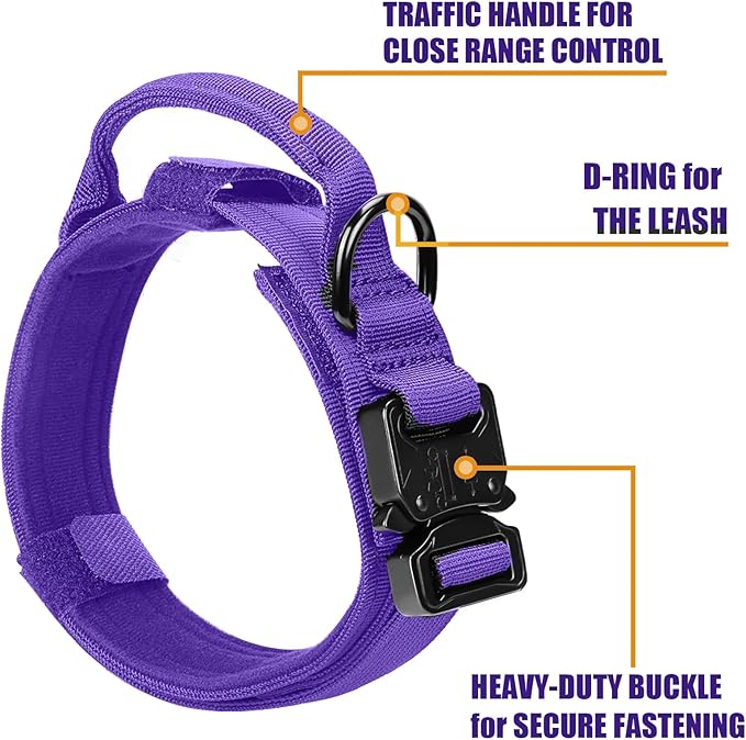 Tactical Military Dog Collar - Adjustable Nylon, Heavy Duty Metal Buckle With Handle for Training, With Patches (Purple, L)