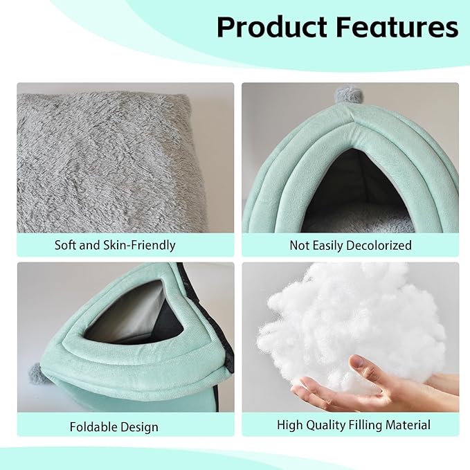 Cat Cave Bed Foldable Cat Bed Dome for Indoor Kitten with Removable Washable Cushion Kitten House Huts with Anti-Slip Bottom for Small Medium Kitty Pets(Green)