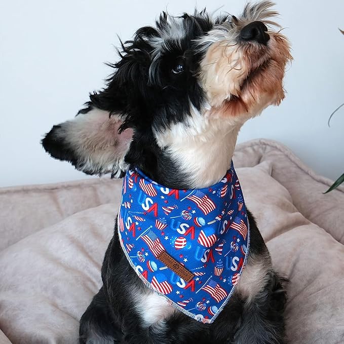 Lionet Paws 4th of July Dog Bandanas 2 Pack, American Washable Triangle Bibs Scarf Kerchief, Adjustable Holiday Scarves for Medium Large Extra Large Pets, USA & Flag