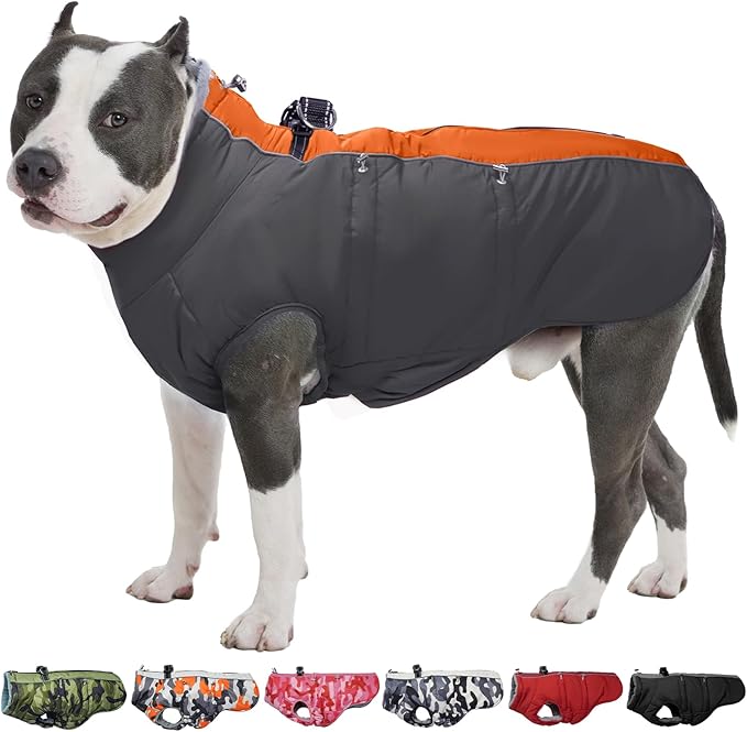 Dog Winter Jacket - 3X Large, Warm Zip Up Snowsuit Dog Harness Vest, Reflective, Water-Resistant, Orange-Gray