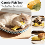 Cat Scratcher Bed with Toys, 2 Pack Oval Cat Scratcher Cardboard, Indoor Cat Scratch Bowl, Large Pad Cat Scratching Board with Catnip Fish Toy & Feather Wand for Furniture Protector