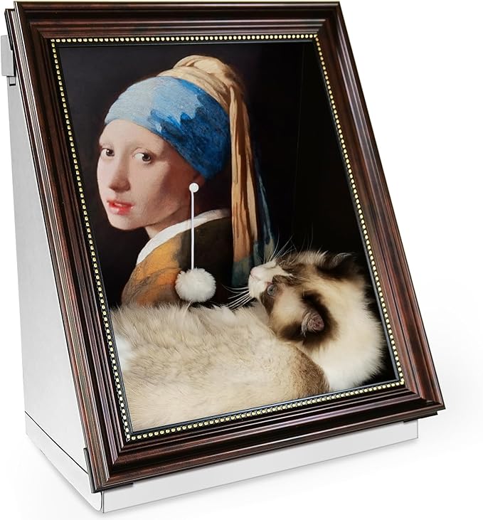 Mona Lisa Cat Bed Painting Cat Scratcher Bed CartBoard Cat House for Indoor Cats Half-Surround Design W/Horizontal Cat Scratcher Scratching Board W/Catnip (Pearl Earrings, Frame Pre-Taped)