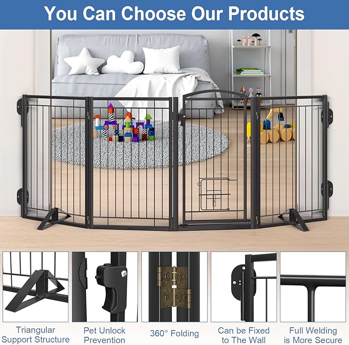 Full Metal Freestanding Dog Gate with Cat Door for Outdoor&Indoor,32" Tall Foldable Dog Fence,80" Extra Wide Freestanding Pet Gate for Large Openings,Stairs,Deck,Yard,Doorways(4 Panels,Black)