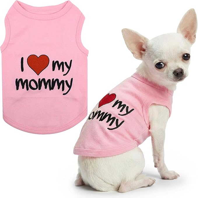 Parisian Pet Dog Shirt - 100% Cotton Shirts for Small Dogs - Pink Sleeveless Girl Pet Clothes - Lightweight Pet T Shirts - Breathable Puppy Clothes - Stretchy I Love My Mommy Dog Apparel