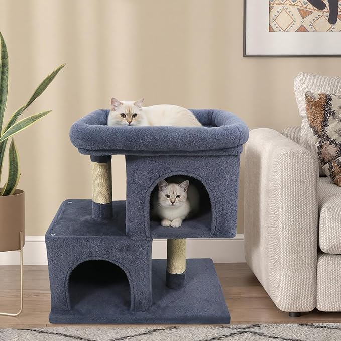 Tangkula Small Cat Tree for Indoor Cats, 25.5 Inch Cat Tower with Sisal Scratching Posts, 2 Large Cat Condos with Padded Top Perch, Modern Cat Climbing Furniture for Adult Cats & Kittens (Dark Gray)