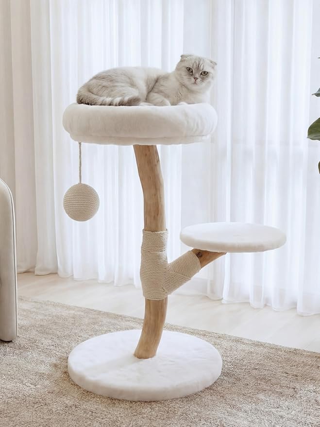 LEO & LEXI Real Wood Modern Cat Tree Tower, Cat Scratching Post with Bed for Small Indoor Cats, Solid Wooden Climbing Tower, Aesthetic Stand, Boho Luxury Pet Furniture