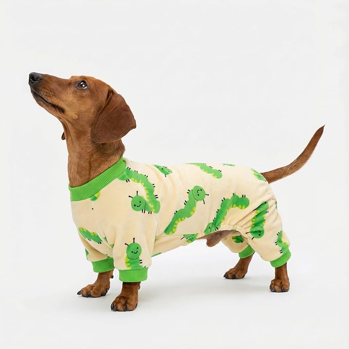 Fitwarm Caterpillar Dog Fleece Pajamas, Cozy Clothes for Small Dogs Boy Girl, Funny Pet Onesie, Beige, Green, XXL