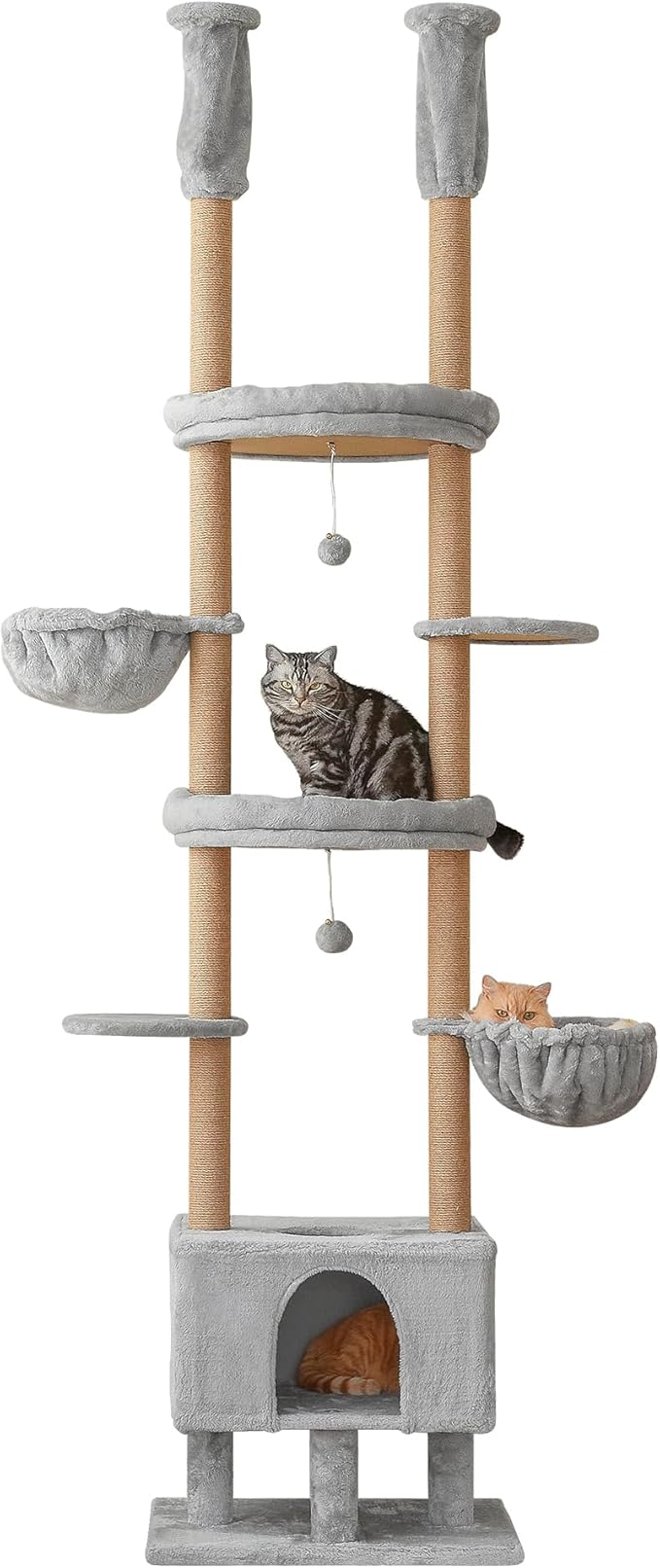 Cat Tree, Floor to Ceiling Cat Tower Adjustable Height [92.9-102.4in=235-258cm], 7 Tiers Cat Climbing Play House with Fully Sisal Scratching Post,Cozy Condo&Hammocks for Indoor Cats,Light Grey