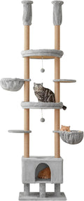 Cat Tree, Floor to Ceiling Cat Tower Adjustable Height [92.9-102.4in=235-258cm], 7 Tiers Cat Climbing Play House with Fully Sisal Scratching Post,Cozy Condo&Hammocks for Indoor Cats,Light Grey