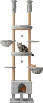 Cat Tree, Floor to Ceiling Cat Tower Adjustable Height [92.9-102.4in=235-258cm], 7 Tiers Cat Climbing Play House with Fully Sisal Scratching Post,Cozy Condo&Hammocks for Indoor Cats,Light Grey