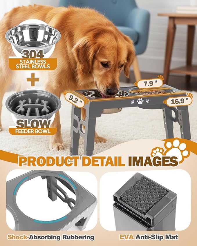 Elevated Dog Bowls for Medium Size Dogs, Non-Slip Dog Feeder with 1*Stainless Steel Dishes & 1*Slow Feeder Bowl, 5 Heights Adjustable Raised Bowls to 3.15″-8.66″-9.84″-11.02″-12.2″