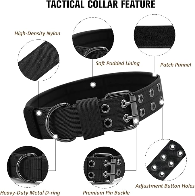 Tactical Dog Collar with Handle, Military Adjustable Heavy Duty Metal Buckle Dog Collars Soft Nylon Training Collar for Medium Large Dogs (Black, Large)