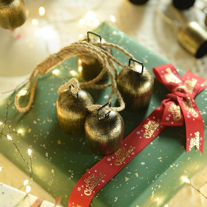 Christmas Bells,Vuskly Gold Bells Metal Hanging Bells with Jute Rope Christmas Bells for Decoration Vintage Ideal for Christmas Tree, Wreath,Party, Wedding Decorations1.6W x 20H