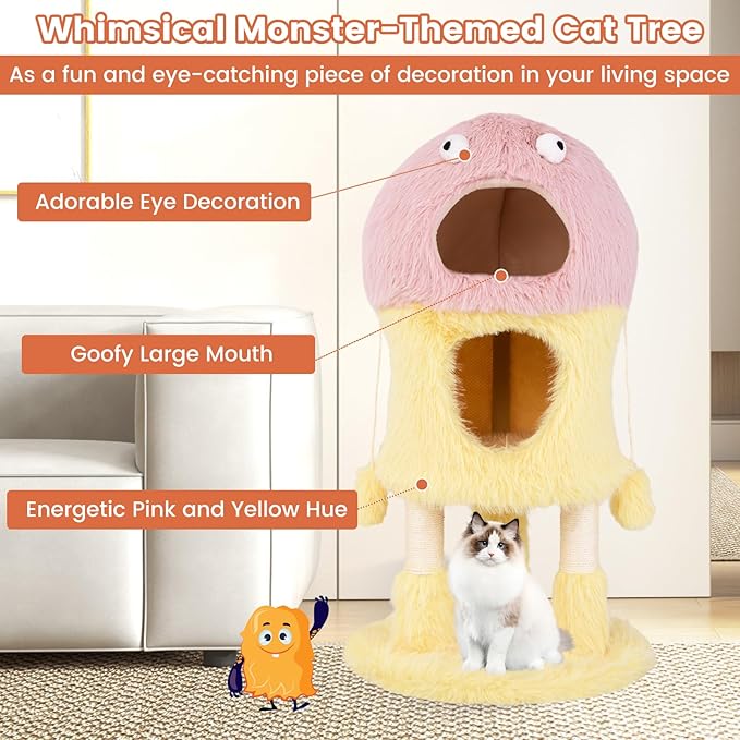 PETSITE 37 inch Monster-Themed Cute Cat Tree, Modern Cat Tree Tower with 2 Cat Condos, Sisal Scratching Posts and Hanging Sound-Making Toys for Indoor Cats