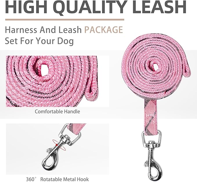 PUPTECK Soft Mesh Dog Harness and Leash Set Step-in Plaid Puppy Padded No Pull Vest Harness for XS Small Medium Sized Dogs Cats Outdoor Walking, Pink M