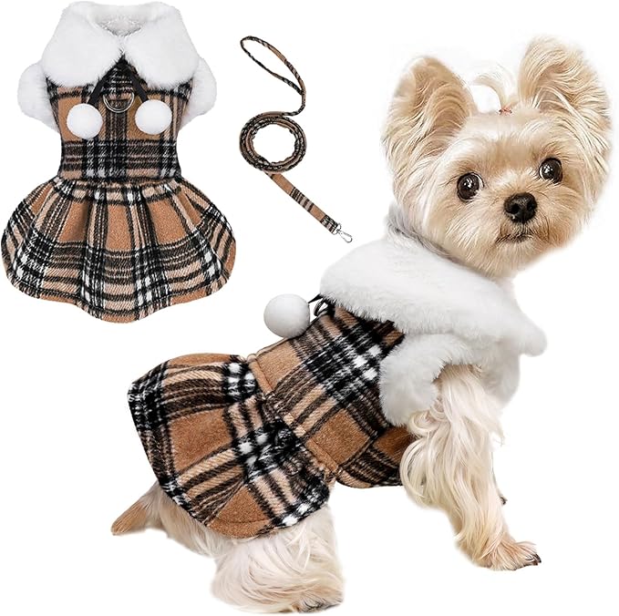 Dog Sweater with Leash Set D Ring Plaid Fleece Dog Clothes for Small Dogs Girl Boy Winter Puppy Dress Cold Weather Coat Fall XXS Sweater for Chihuahua Yorkie Cat Doggy Costumes, Khaki, S