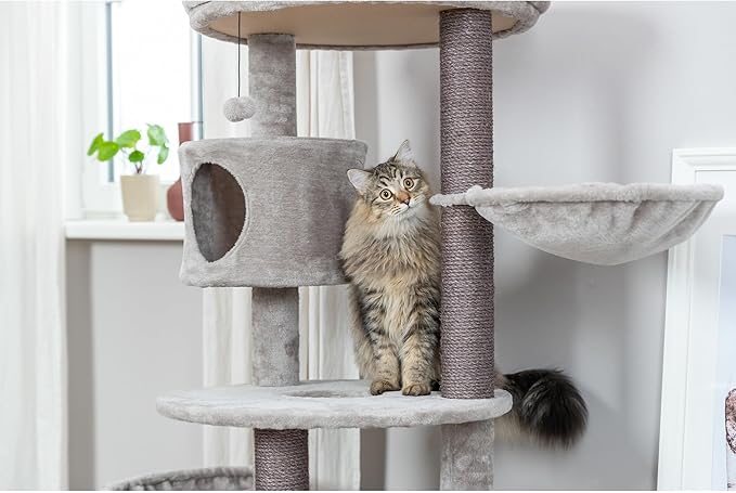 TRIXIE Anna Cat Tree – Cat Tower with Sisal Posts, Dual Hammocks, Caves & Hanging Toy – Indoor Cat Furniture for Scratching & Climbing – Gray, 23.6" x 23.6" x 50.4"