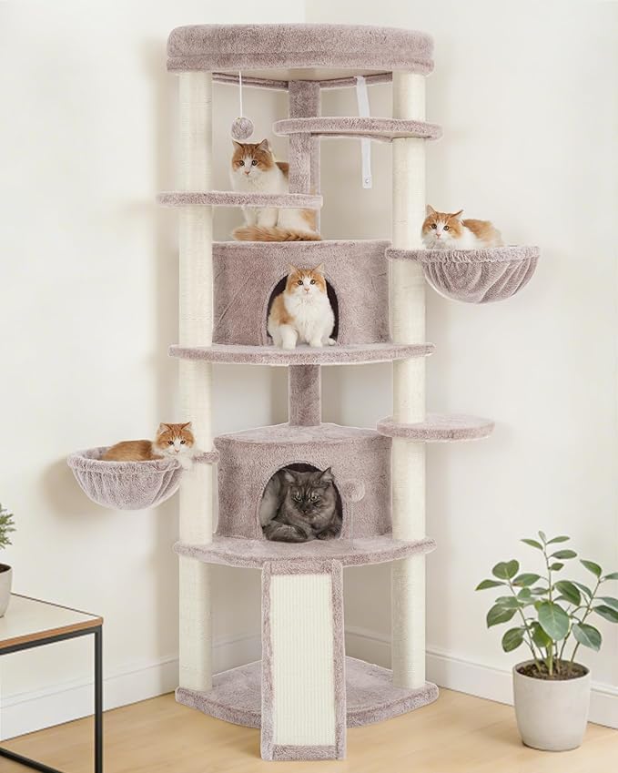 Corner Cat Tree for Indoor Cats, Cat Tower with All Sisal Scratching Posts, Multi-Level Cat Condo wth 2 Large Cat Caves, Big Top Perch, 2 Hanging Baskets, Sisal Ramp, Mushroom GCT035MU