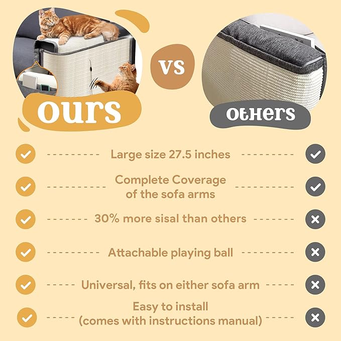 Cat Couch Protector [2- Pack], Natural Sisal, Comes with 2 Playing Balls, Couch Cat Scratcher, Protect Your Couch from Cat Scratching,