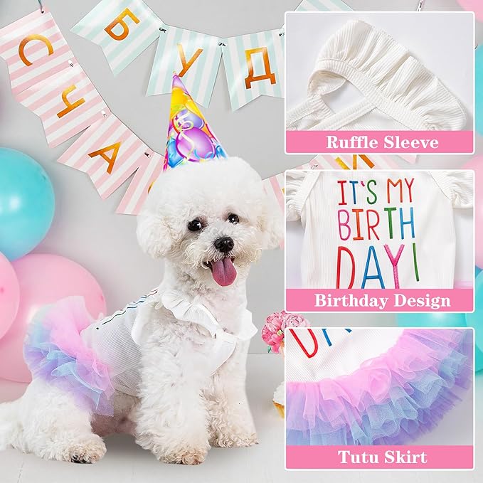 Dog Birthday Dress It's My Birthday Dog Dress Small Doggy Girl's Tutu Dresses Ruffle Sleeless Puppy Clothes Tulle Lace Skirt Pet Costume Cat Outfits (White, M(12-18lb))