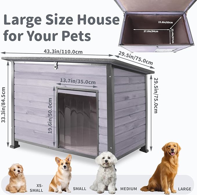 Insulated Dog House Outdoor Weatherproof, Wooden Heated Large Houses with Removable Liner for Winter, Upgrade Anti-Chewing Iron Frame Dog Shelter for Puppies, Cats